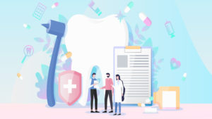 An illustration of a dentist discussing insurance with parents